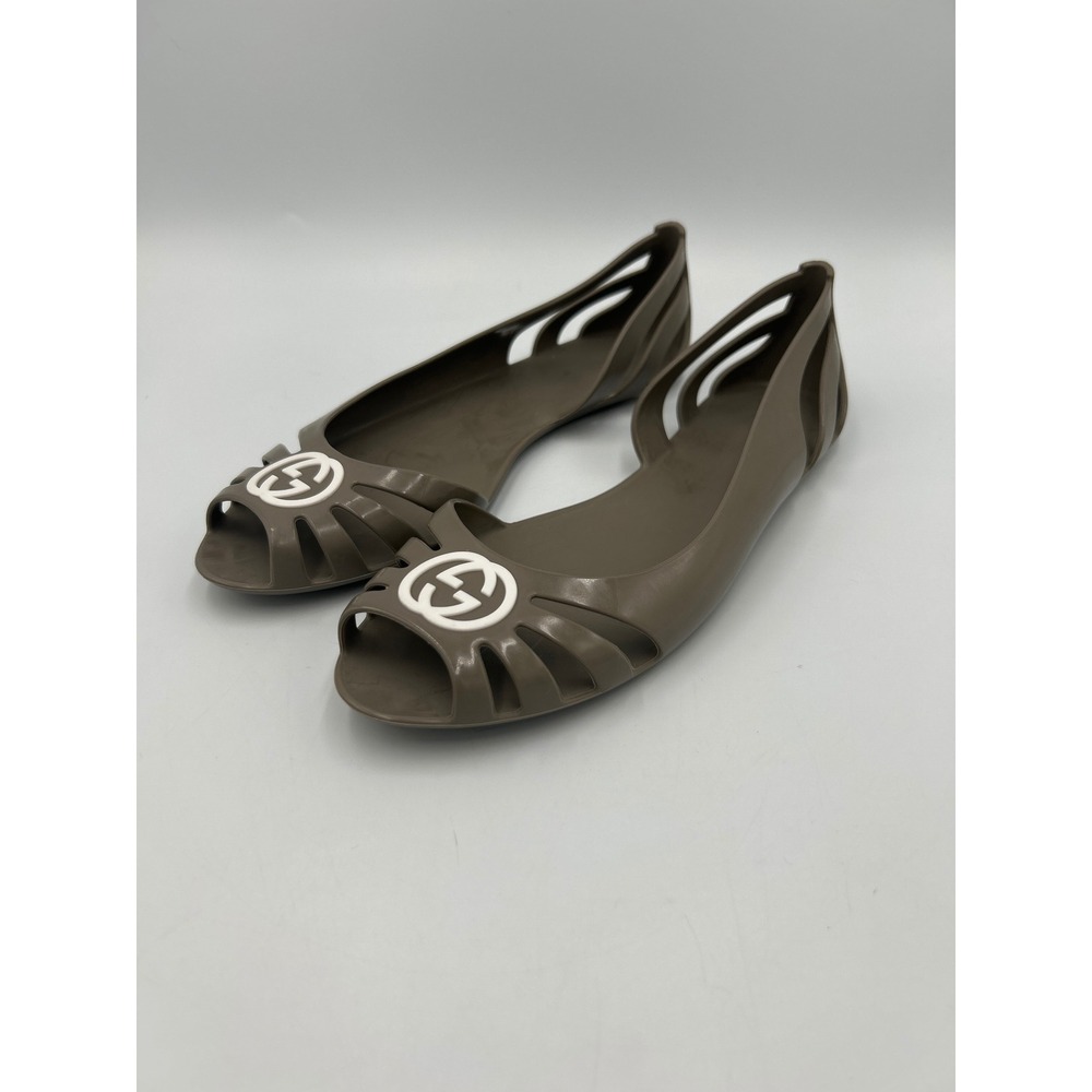 Gucci Interlocking GG Rubber Jelly Flats Peep Toe Taupe Size Not Listed